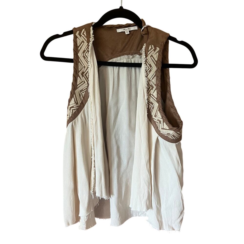 Miss Me Brand Cream Brown Open Front Boho Vest Fringe Boho Tassels Size Medium